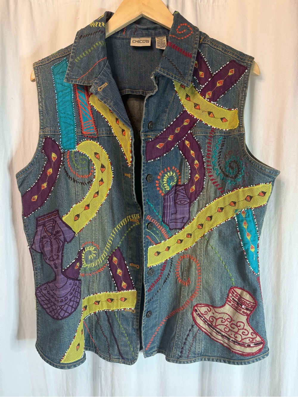 ☀️Chico's Denim Embroidered Abstract Boho Vest☀️